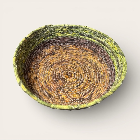Other - Fabric Wrapped Rope Basket Green And Brown 10” Handmade Earthy Boho Storage Tray
